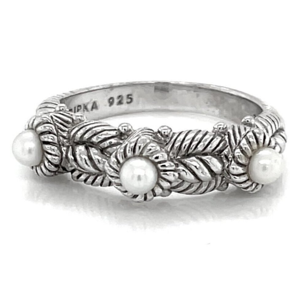 Judith Ripka Sterling Silver Triple Pearl Ring Size 8